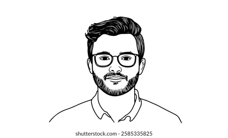 Man portrait illustration. Beard, glasses, hairstyle visible. Character design branding. Black and white line art drawing