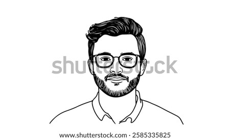 Man portrait illustration. Beard, glasses, hairstyle visible. Character design branding. Black and white line art drawing