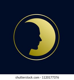 Man portrait logo in a circle shape.Negative space profile in moonlight.Golden vector icon.