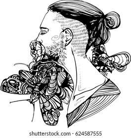 Man portrait with manbun and roisterer vector graphic