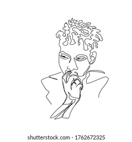 Man portrait in one line. Sketch of African american face. Thinkig man line concept. POK. Minimalist art design. Vector illustration on white background