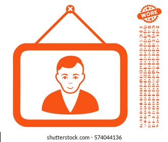 Man Portrait pictograph with bonus human pictures. Vector illustration style is flat iconic orange symbols on white background.