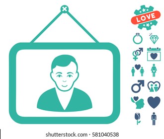 Man Portrait pictograph with bonus marriage pictograph collection. Vector illustration style is flat iconic cobalt and cyan symbols on white background.