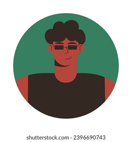 Retrato de hombre en marco redondo. Avatar de personaje masculino aislado en fondo blanco. Perfil de usuario. Ilustración de dibujos animados de vector plano.	