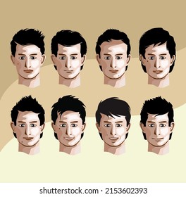 man portrait vector face character with hairstyle and mouth illustration of people. Vector illustration of set of human faces. Portrait of a man or young man's face with different hairstyles and faces