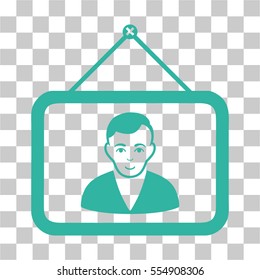 Man Portrait vector icon. Illustration style is flat iconic cyan symbol on a chess transparent background.