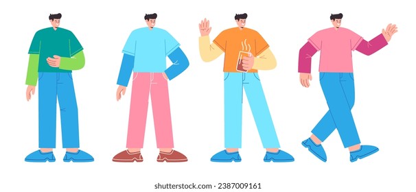 Colección de objetos masculinos con estilo casual, moda colorida caminando de pie ilustración plana