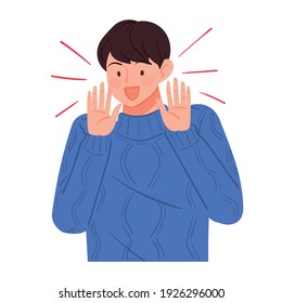 A man in a pose shouting with his hands around his mouth. Promotion, event concept illustration.