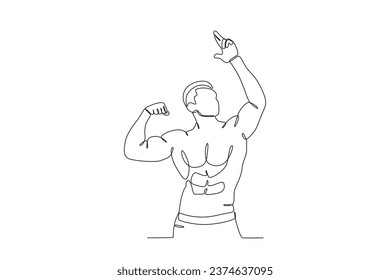 A man poses proudly showing his muscles. Bodybuilding one-line drawing