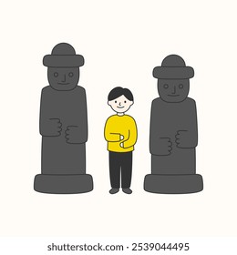 A man posing among traditional stone statues on Jeju Island, Korea.