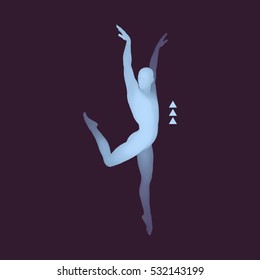 Der Mensch spielt und tanzt. Silhouette eines Tänzers. Ein Tänzer führt Akrobatische Elemente aus. Sportkonzept. 3D-Modell des Menschen. Menschlicher Körper. Sportsymbol. Design-Element. Vektorgrafik. 
