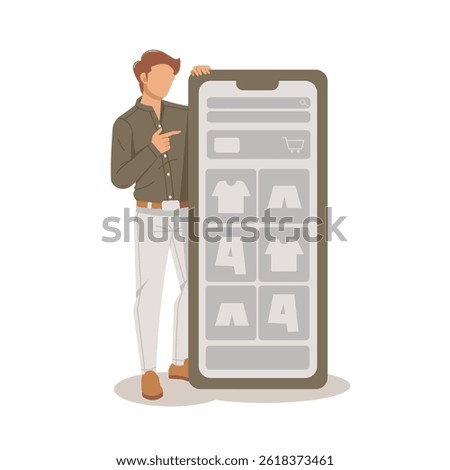 man posing finger pointing big phone beside, online shop isolated illustration