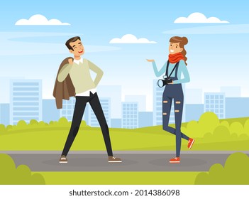 Man Posing in Front of Female Photographer with Professional Camera Vector Illustration