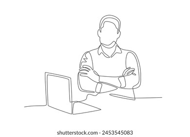Hombre posando frente a una laptop. Persona de negocios con concepto de portátil dibujo de una línea