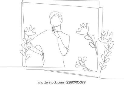 A man posing with his hand on his chin in a floral frame. Floral frame one line drawing