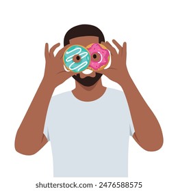 Man posing holding in hands covering eyes with pink donuts like glasses looking camera. Flat vector illustration isolated on white background