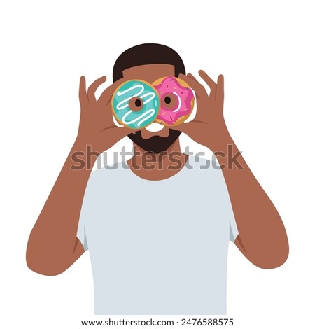 Man posing holding in hands covering eyes with pink donuts like glasses looking camera. Flat vector illustration isolated on white background