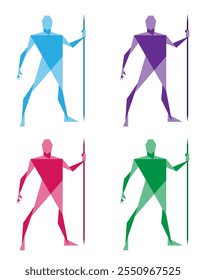 Man posing with javelin or spear. Geometric art graphic. Male human body gesture drawing. Figure silhouette. Vector illustration image.
