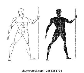 Man posing with javelin or spear. Grunge texture. Male human body gesture drawing. Figure silhouette. Vector illustration image.