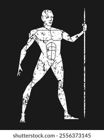 Man posing with javelin or spear. Grunge texture. Male human body gesture drawing. Figure silhouette. Vector illustration image.