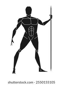 Man posing with javelin or spear. Male human body gesture drawing. Figure silhouette. Vector illustration image.