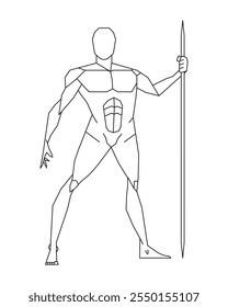 Man posing with javelin or spear. Male human body gesture drawing. Figure silhouette. Vector illustration image.