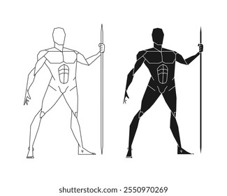 Man posing with javelin or spear. Male human body gesture drawing. Figure silhouette. Vector illustration image.