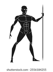 Man posing with javelin or spear. Male human body gesture drawing. Figure silhouette. Vector illustration image.