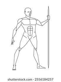 Man posing with javelin or spear. Male human body gesture drawing. Figure silhouette. Vector illustration image.