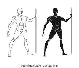 Man posing with javelin or spear. Male human body gesture drawing. How to draw. Figure silhouette. Vector illustration image.