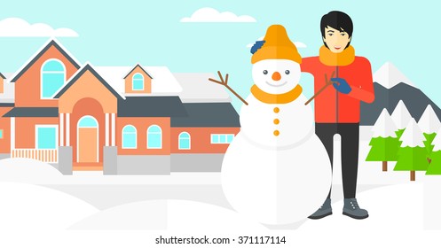 Man posing near snowman.
