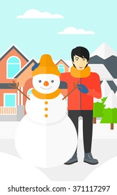 Man posing near snowman.