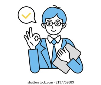 A man posing for the OK sign. Vector figure illustration on white background. Business person. Confirmation, review, inspection.