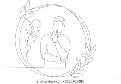 Un hombre posa puntos en la boca en un marco floral. Dibujo de una línea de marco floral