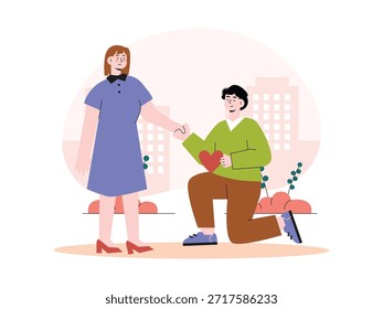 Um homem posando para pedir a mão da namorada, um momento romântico antes do casamento. Design de caracteres. Ilustração em plano vetorial