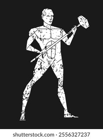 Man posing with sledgehammer. Grunge texture. Male human body gesture drawing. Figure with hammer silhouette. How to draw. Vector illustration image.