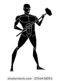 Man posing with sledgehammer. Male human body gesture drawing. Figure with hammer silhouette. How to draw. Vector illustration image.