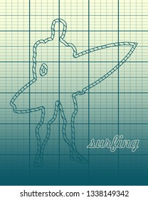 Man posing with surfboard. Blue print style silhouette