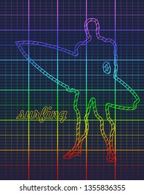 Man posing with surfboard. Blue print style silhouette