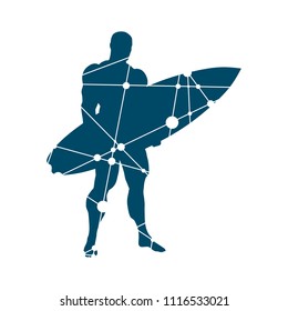 Man posing with surfboard. The concept of sport surfing. Textured by connected lines with dots.