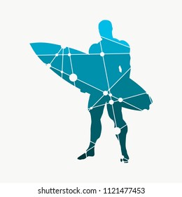 Man posing with surfboard. The concept of sport surfing. Textured by connected lines with dots.