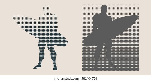 Man posing with surfboard. Monochrome silhouette. Vector illustration. Vintage Surfing Graphic and Emblem. Halftones background. Spotted Circles Overlay Dots Texture.