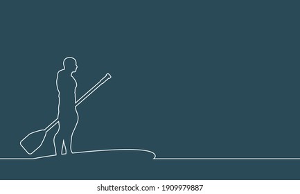 Man posing with surfboard and paddle. Stand up paddle boarding. Thin line style. Place for text