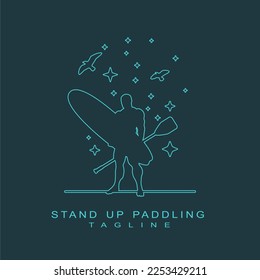 Man posing with surfboard and paddle. Stand up paddle boarding logo design isolated on monochrome background. Birds and stars