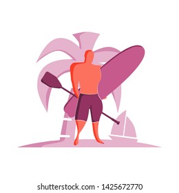 Man posing with surfboard and paddle. Surfing graphic for web design or print. Stand up paddle boarding
