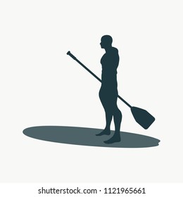 Man posing with surfboard and paddle. Vintage surfing graphic and emblem for web design or print. Stand up paddle boarding