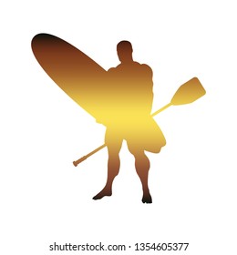 Man posing with surfboard and paddle. Vintage surfing graphic and emblem for web design or print. Stand up paddle boarding