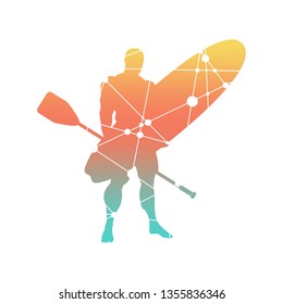 Man posing with surfboard and paddle. Vintage surfing graphic and emblem for web design or print. Stand up paddle boarding. Silhouette textured by lines and dots pattern