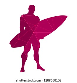 Man posing with surfboard. Surfing emblem for web design or print. Molecule and communication background. Connected lines with dots.