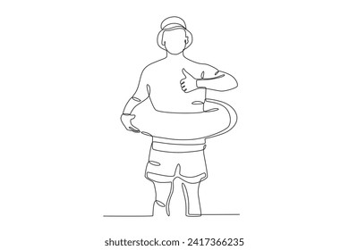 A man is posing using a swimming tool. Beach one-line drawing